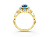 Yellow gold Emerald Cut Blue Topaz Solitaire Ring with Filigree Band and Four-Prong Setting_27