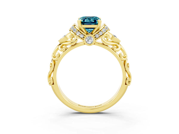 Yellow gold Emerald Cut Blue Topaz Solitaire Ring with Filigree Band and Four-Prong Setting