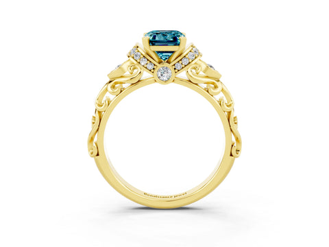 Yellow gold Emerald Cut Blue Topaz Solitaire Ring with Filigree Band and Four-Prong Setting_27