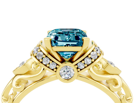 Yellow gold Emerald Cut Blue Topaz Solitaire Ring with Filigree Band and Four-Prong Setting_28