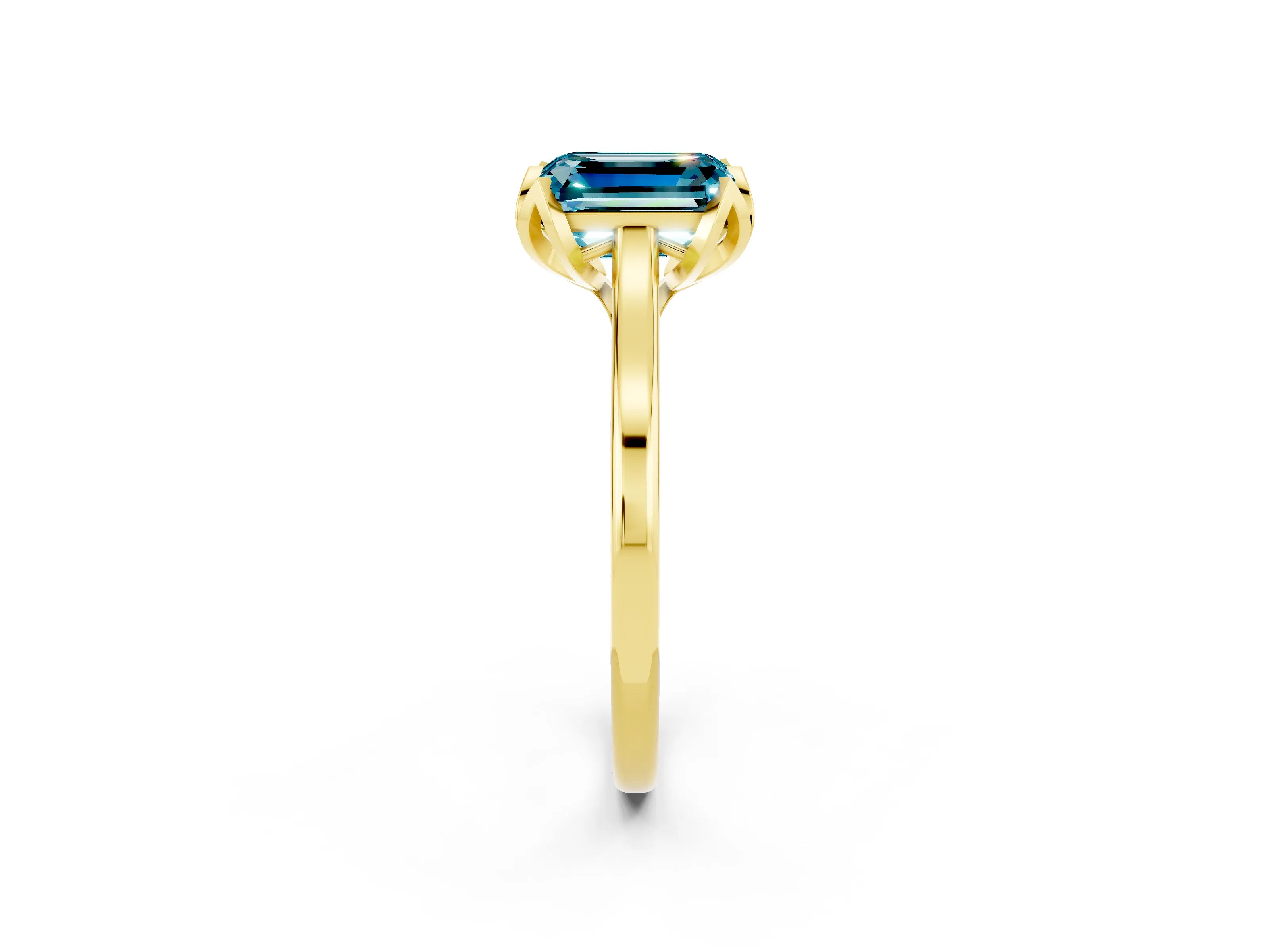 Yellow gold Emerald Cut Blue Topaz Solitaire Ring with Flower Prong Setting and Classic Band_14