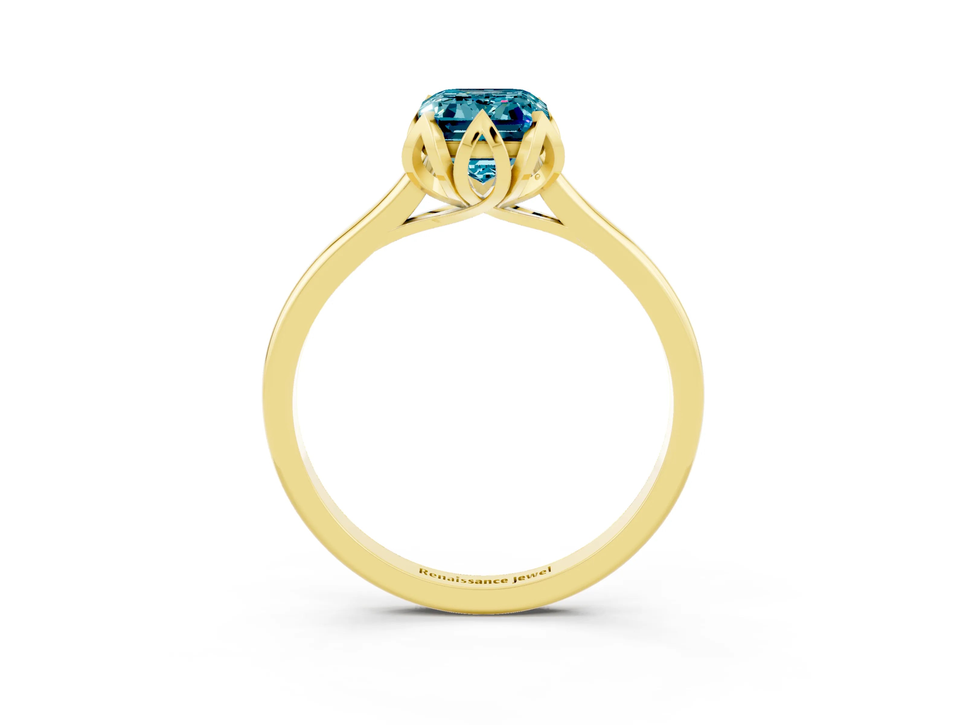 Yellow gold Emerald Cut Blue Topaz Solitaire Ring with Flower Prong Setting and Classic Band_15