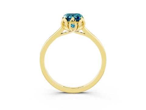 Yellow gold Emerald Cut Blue Topaz Solitaire Ring with Flower Prong Setting and Classic Band_15