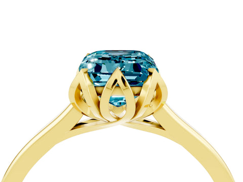 Yellow gold Emerald Cut Blue Topaz Solitaire Ring with Flower Prong Setting and Classic Band_16