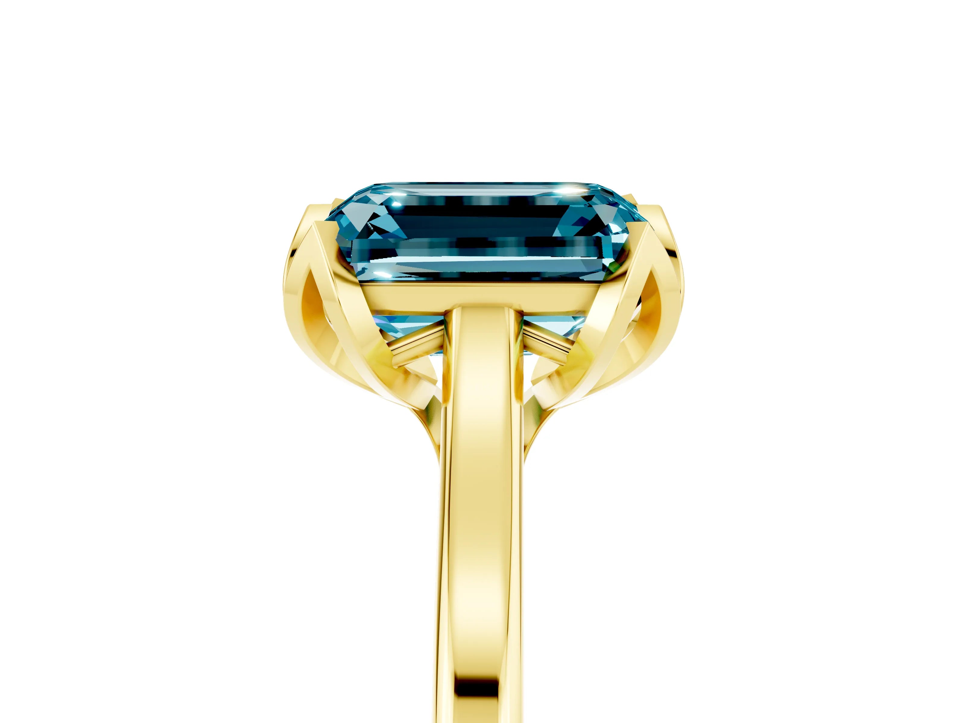 Yellow gold Emerald Cut Blue Topaz Solitaire Ring with Flower Prong Setting and Classic Band_17