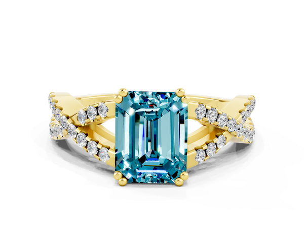 Yellow gold Emerald Cut Blue Topaz Solitaire Ring with Four-Prong Setting and Twisted Pavé Band