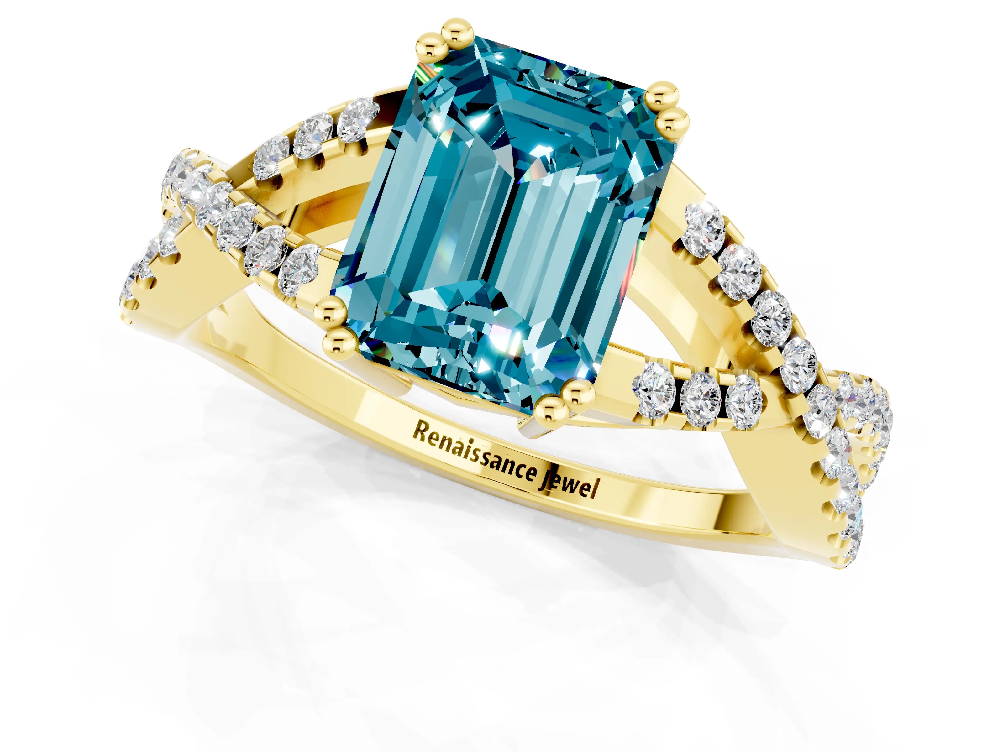 Yellow gold Emerald Cut Blue Topaz Solitaire Ring with Four-Prong Setting and Twisted Pavé Band_1