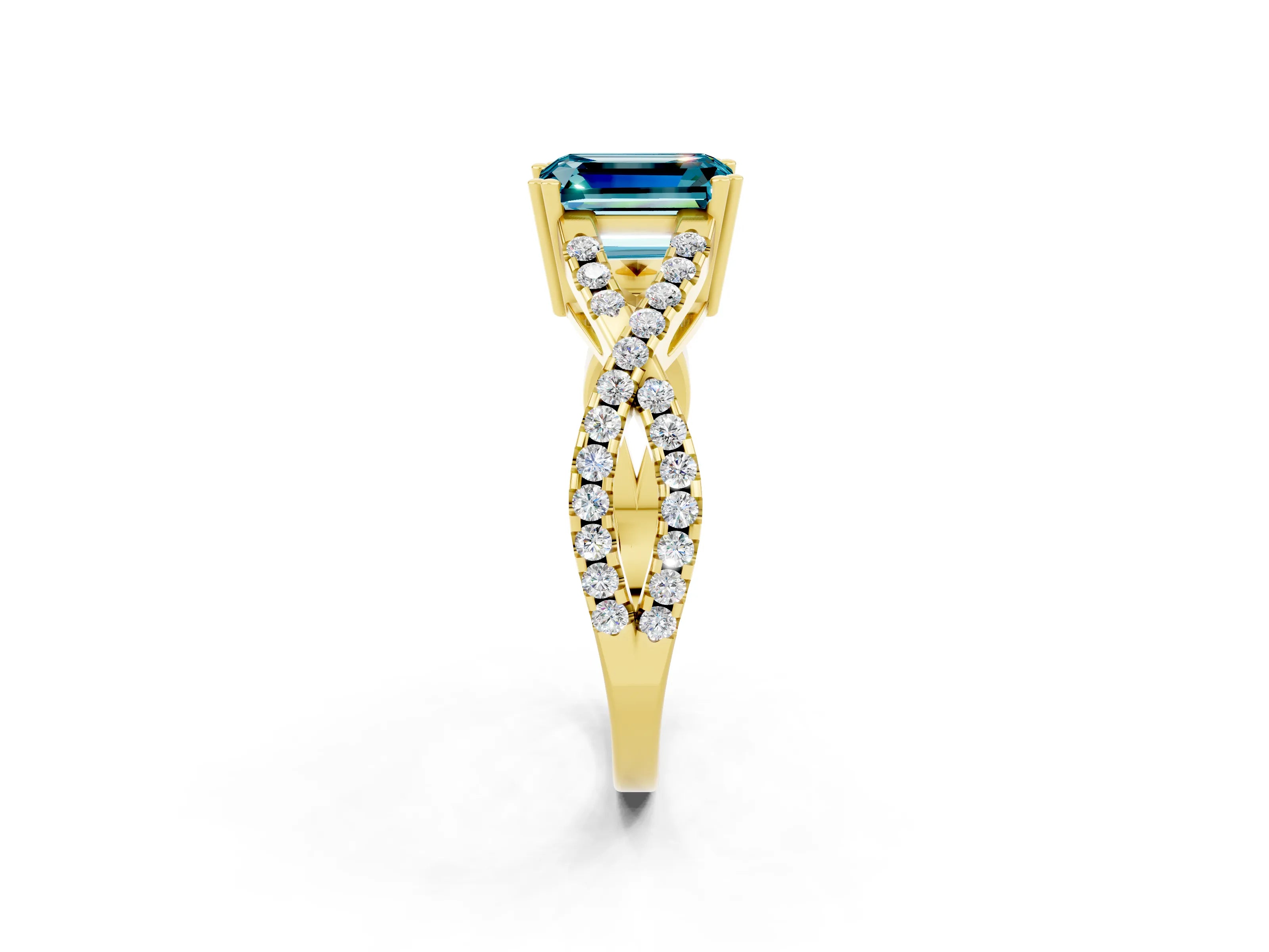 Yellow gold Emerald Cut Blue Topaz Solitaire Ring with Four-Prong Setting and Twisted Pavé Band_2