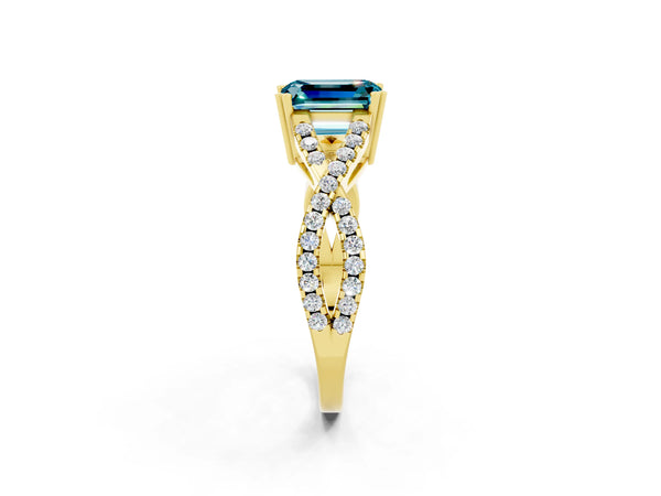 Yellow gold Emerald Cut Blue Topaz Solitaire Ring with Four-Prong Setting and Twisted Pavé Band