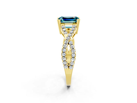 Yellow gold Emerald Cut Blue Topaz Solitaire Ring with Four-Prong Setting and Twisted Pavé Band_2
