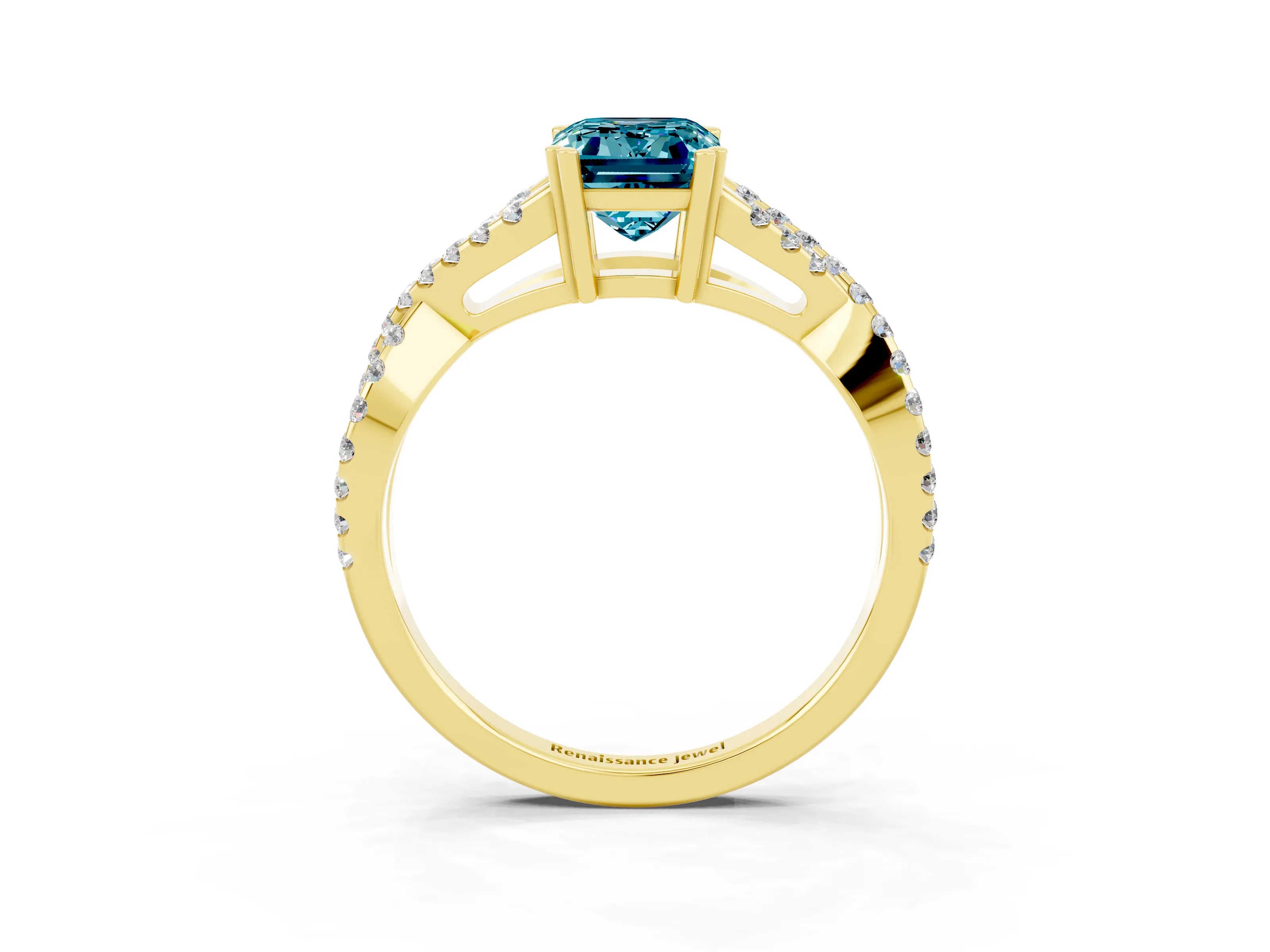 Yellow gold Emerald Cut Blue Topaz Solitaire Ring with Four-Prong Setting and Twisted Pavé Band_3