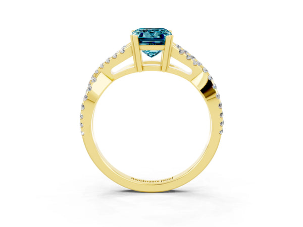Yellow gold Emerald Cut Blue Topaz Solitaire Ring with Four-Prong Setting and Twisted Pavé Band