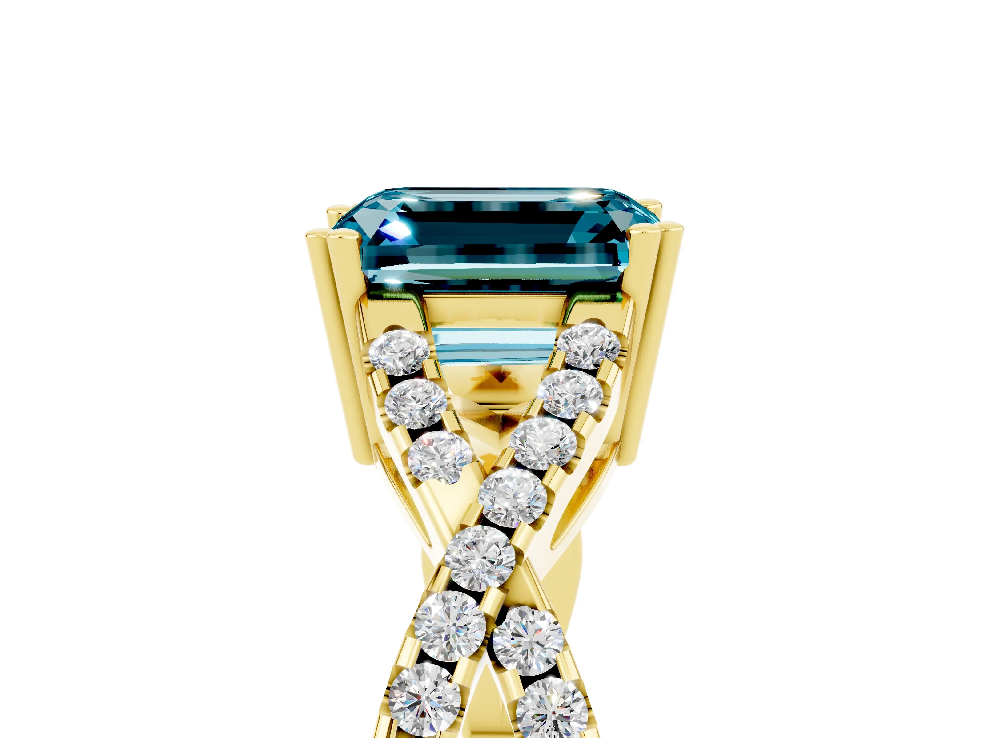 Yellow gold Emerald Cut Blue Topaz Solitaire Ring with Four-Prong Setting and Twisted Pavé Band_5