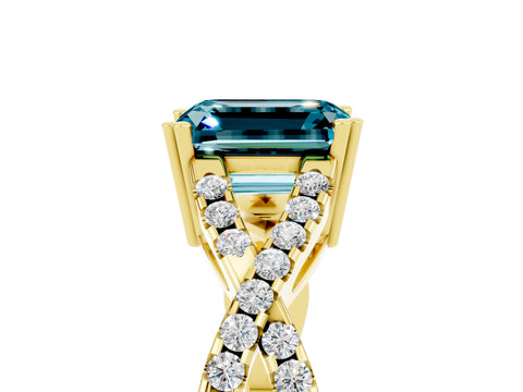 Yellow gold Emerald Cut Blue Topaz Solitaire Ring with Four-Prong Setting and Twisted Pavé Band_5