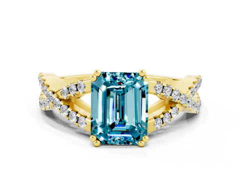 Yellow gold Emerald Cut Blue Topaz Solitaire Ring with Four-Prong Setting and Twisted Pavé Band