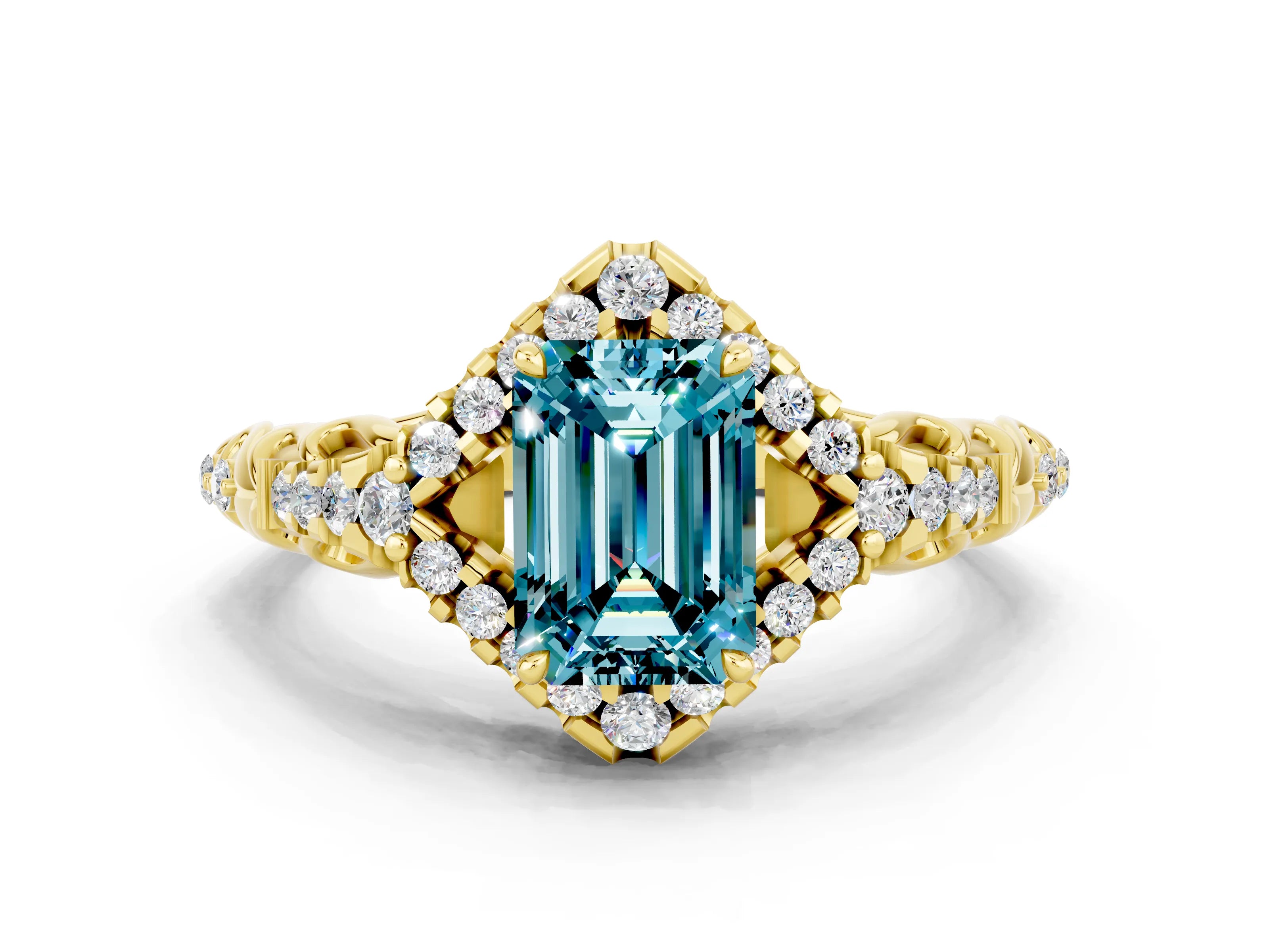 Yellow gold Emerald Cut Blue Topaz Solitaire Ring with Hidden Halo and Pavé Band_12
