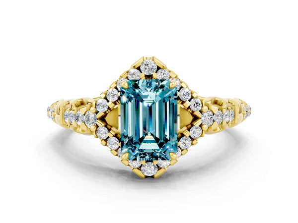 Yellow gold Emerald Cut Blue Topaz Solitaire Ring with Hidden Halo and Pavé Band