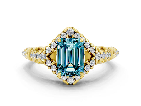Yellow gold Emerald Cut Blue Topaz Solitaire Ring with Hidden Halo and Pavé Band_12