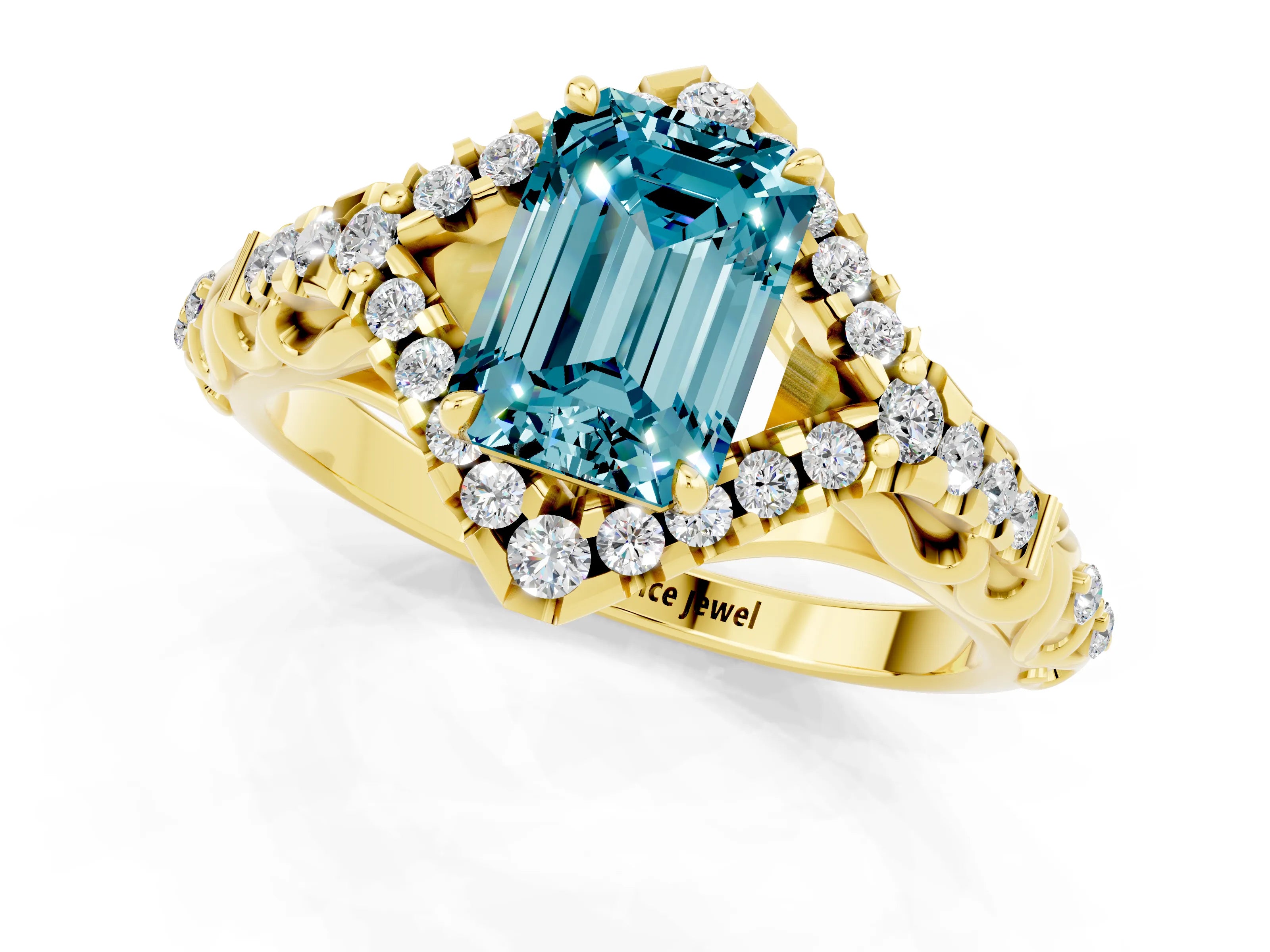 Yellow gold Emerald Cut Blue Topaz Solitaire Ring with Hidden Halo and Pavé Band_13