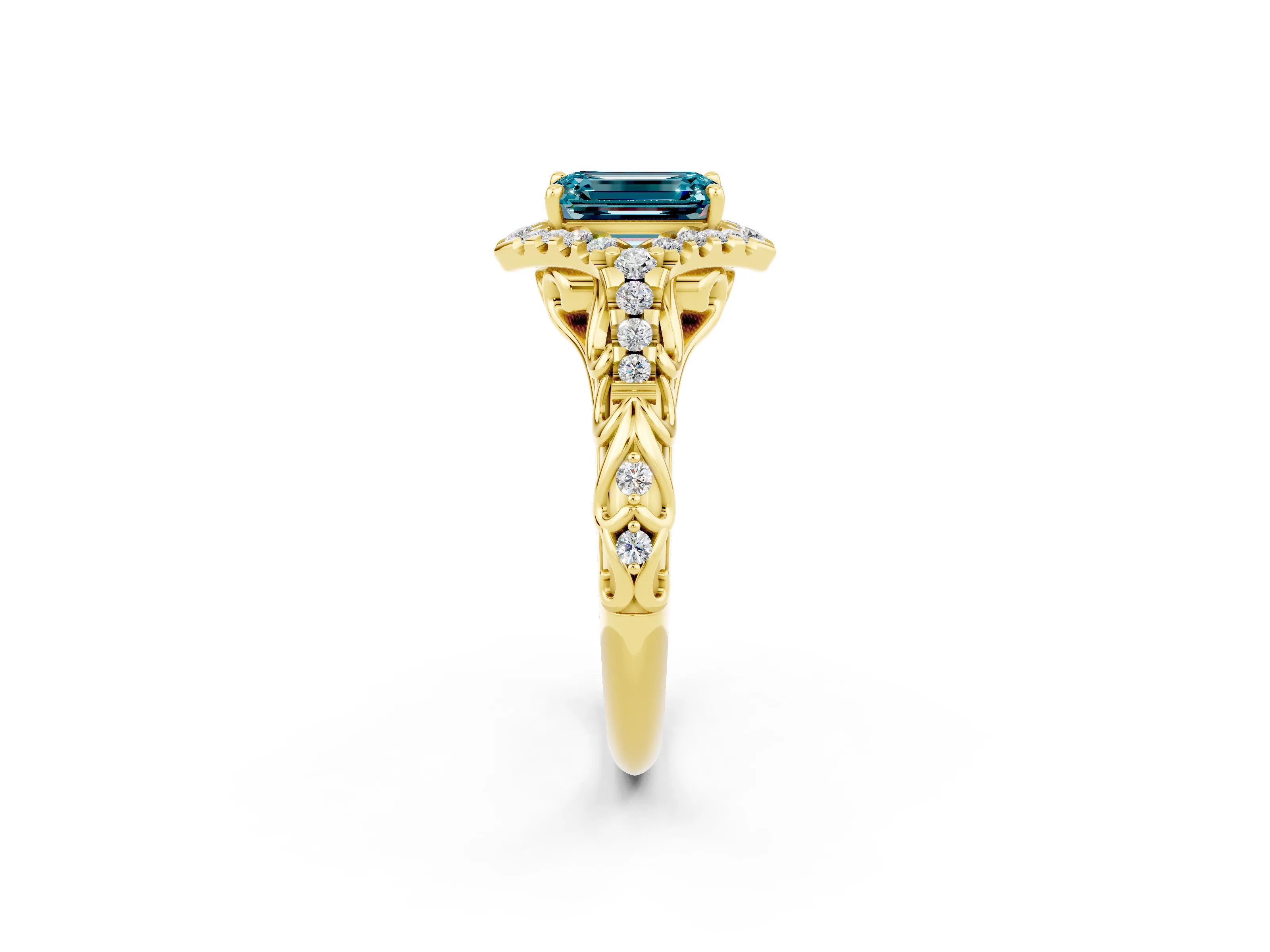 Yellow gold Emerald Cut Blue Topaz Solitaire Ring with Hidden Halo and Pavé Band_14