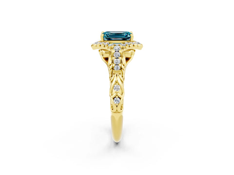 Yellow gold Emerald Cut Blue Topaz Solitaire Ring with Hidden Halo and Pavé Band_14