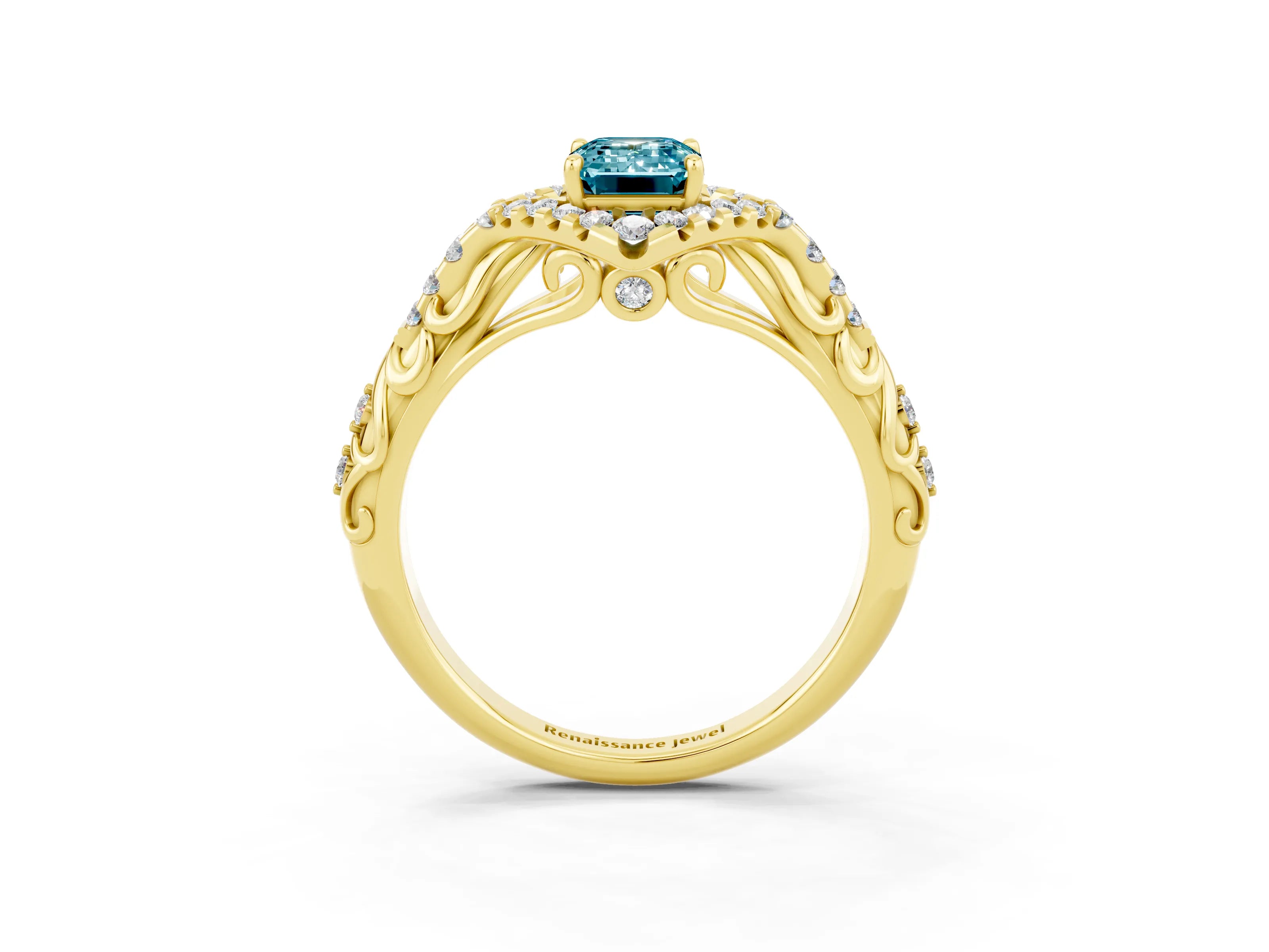 Yellow gold Emerald Cut Blue Topaz Solitaire Ring with Hidden Halo and Pavé Band_15
