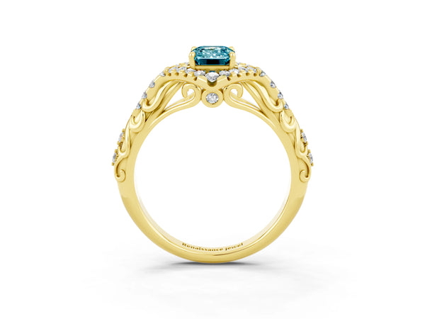 Yellow gold Emerald Cut Blue Topaz Solitaire Ring with Hidden Halo and Pavé Band