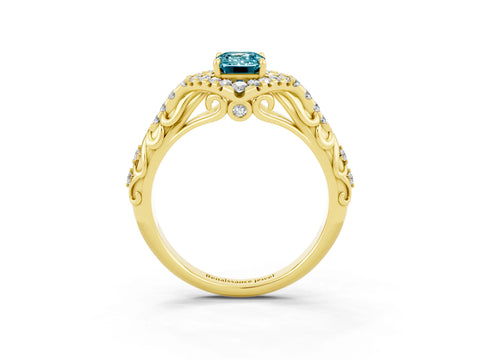 Yellow gold Emerald Cut Blue Topaz Solitaire Ring with Hidden Halo and Pavé Band_15
