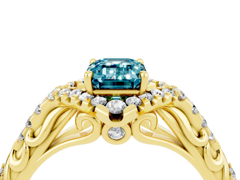 Yellow gold Emerald Cut Blue Topaz Solitaire Ring with Hidden Halo and Pavé Band_16