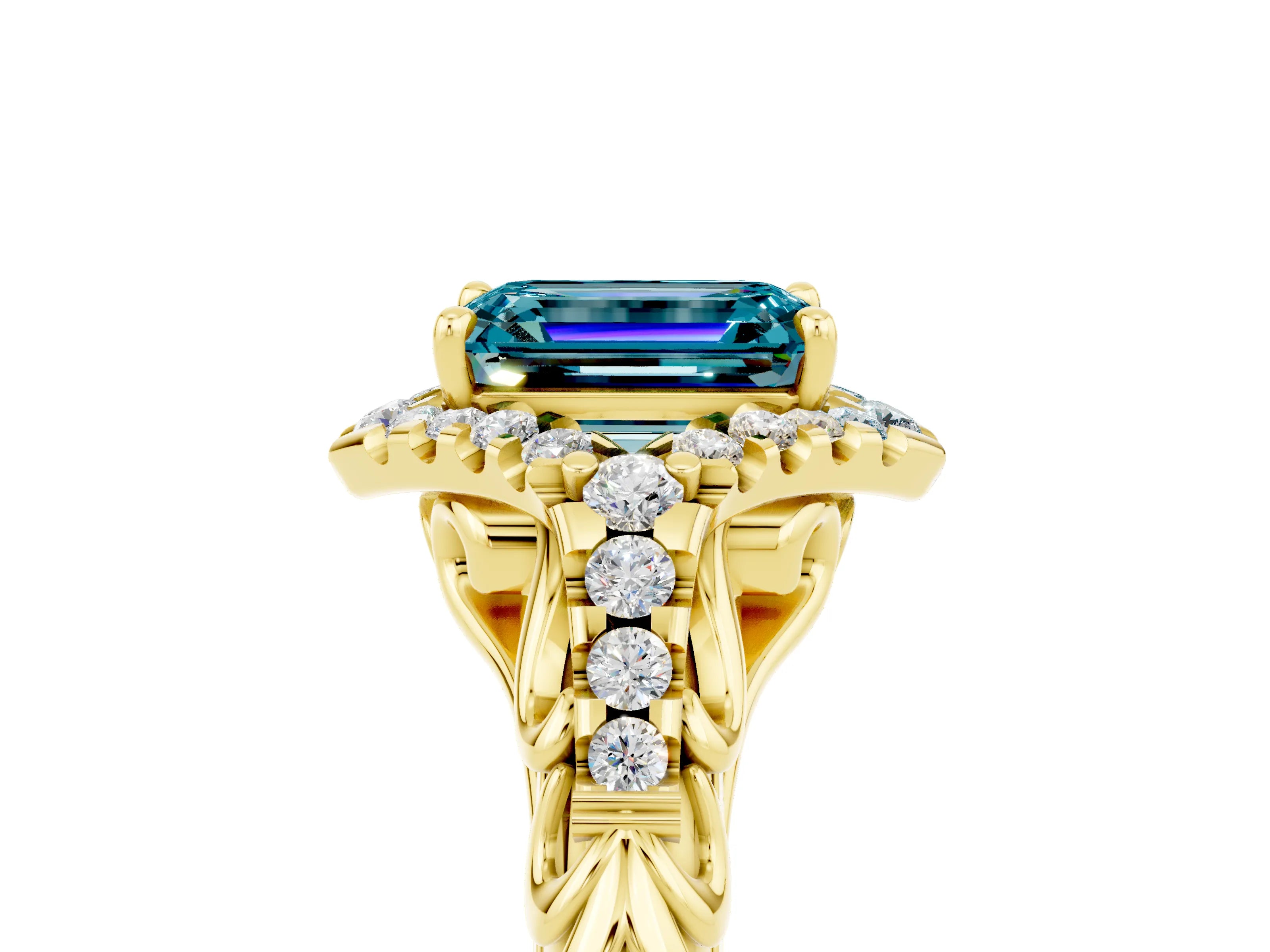 Yellow gold Emerald Cut Blue Topaz Solitaire Ring with Hidden Halo and Pavé Band_17