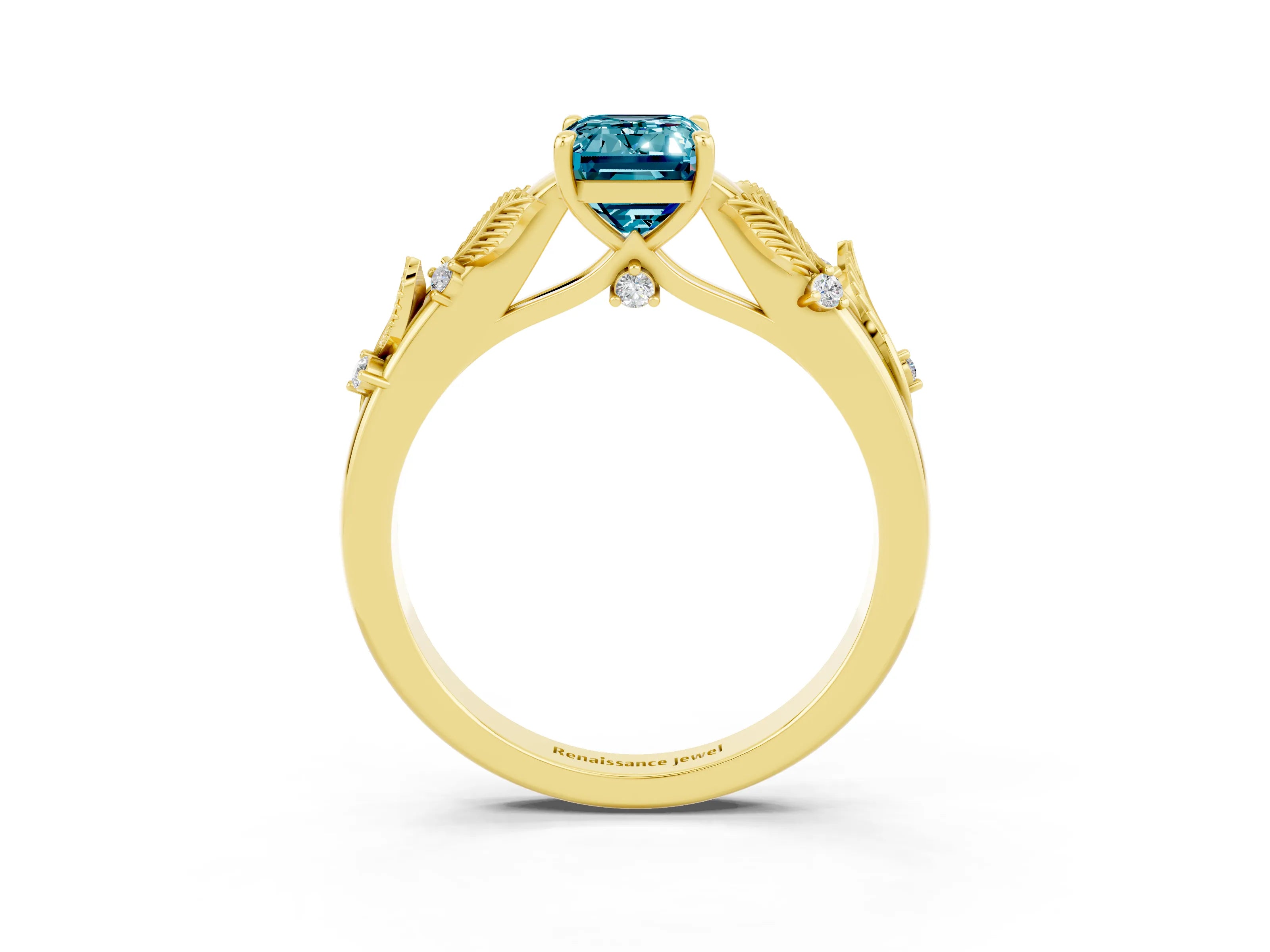 Yellow gold Emerald Cut Blue Topaz Solitaire Ring with Leaf Motif Band and Four-Prong Setting_3