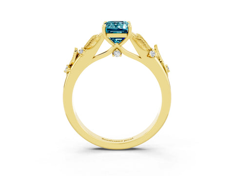 Yellow gold Emerald Cut Blue Topaz Solitaire Ring with Leaf Motif Band and Four-Prong Setting_3