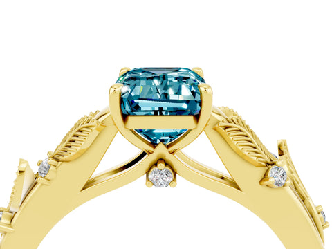 Yellow gold Emerald Cut Blue Topaz Solitaire Ring with Leaf Motif Band and Four-Prong Setting_4