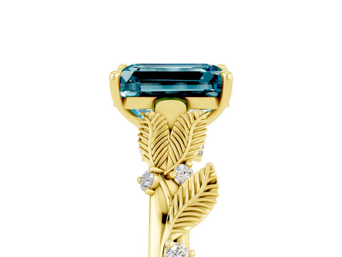 Yellow gold Emerald Cut Blue Topaz Solitaire Ring with Leaf Motif Band and Four-Prong Setting_5