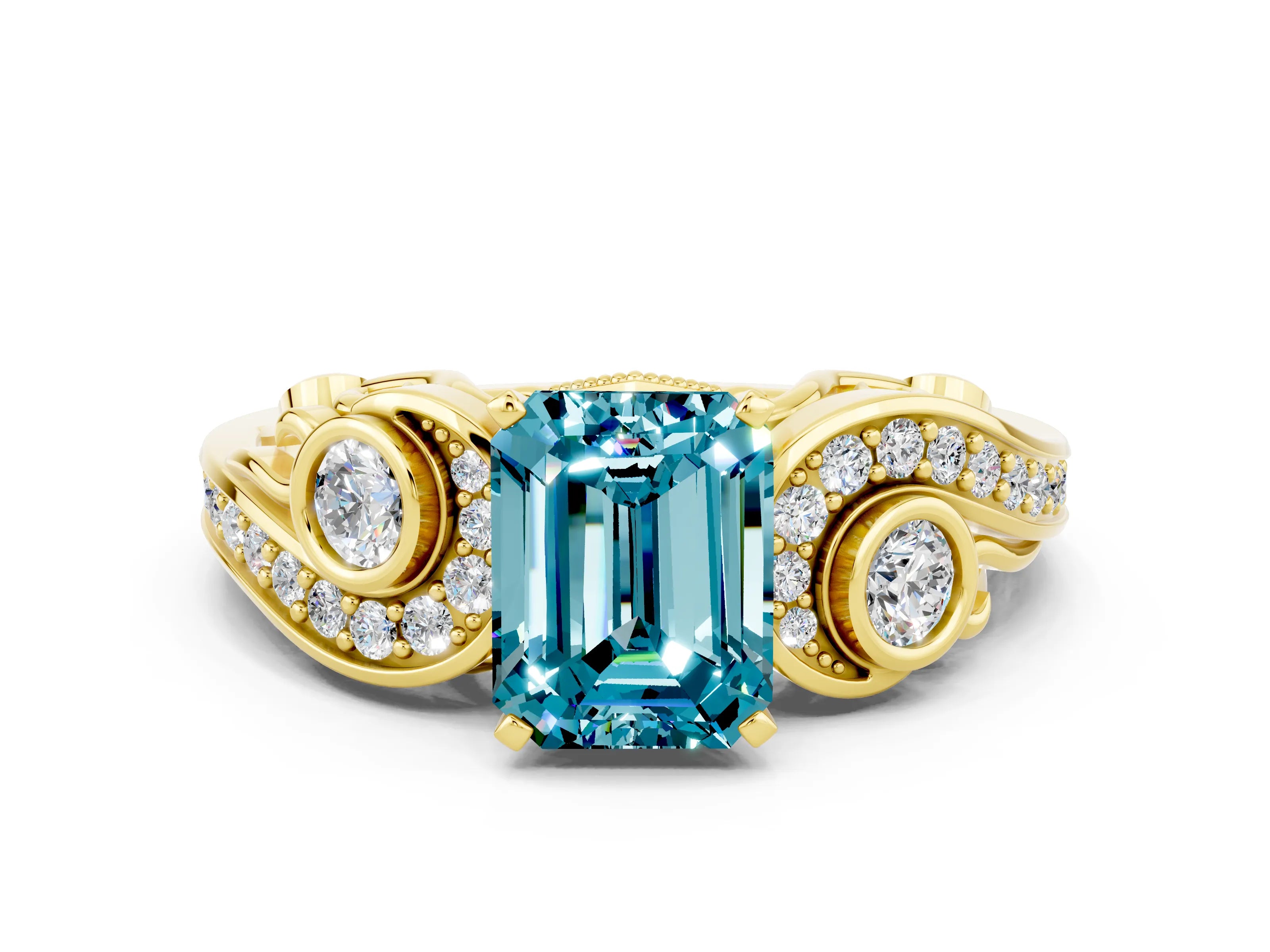 Yellow gold Emerald Cut Blue Topaz Solitaire Ring with Milgrain Pavé Band and Four-Prong Setting_24