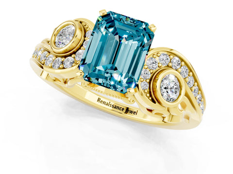 Yellow gold Emerald Cut Blue Topaz Solitaire Ring with Milgrain Pavé Band and Four-Prong Setting_25