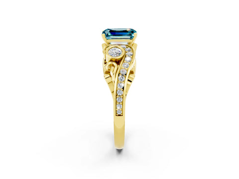 Yellow gold Emerald Cut Blue Topaz Solitaire Ring with Milgrain Pavé Band and Four-Prong Setting_26