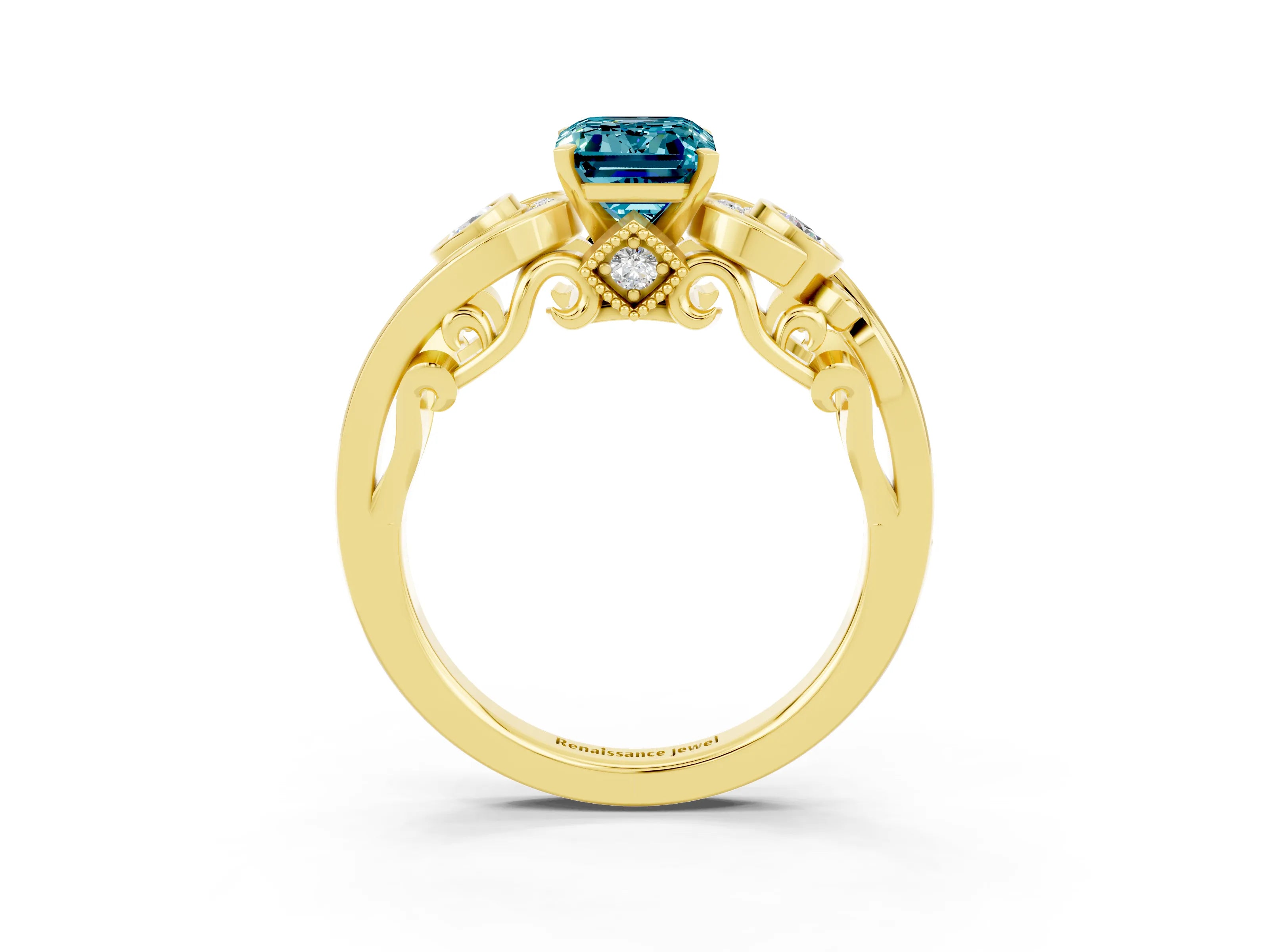 Yellow gold Emerald Cut Blue Topaz Solitaire Ring with Milgrain Pavé Band and Four-Prong Setting_27