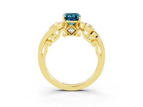 Yellow gold Emerald Cut Blue Topaz Solitaire Ring with Milgrain Pavé Band and Four-Prong Setting_27
