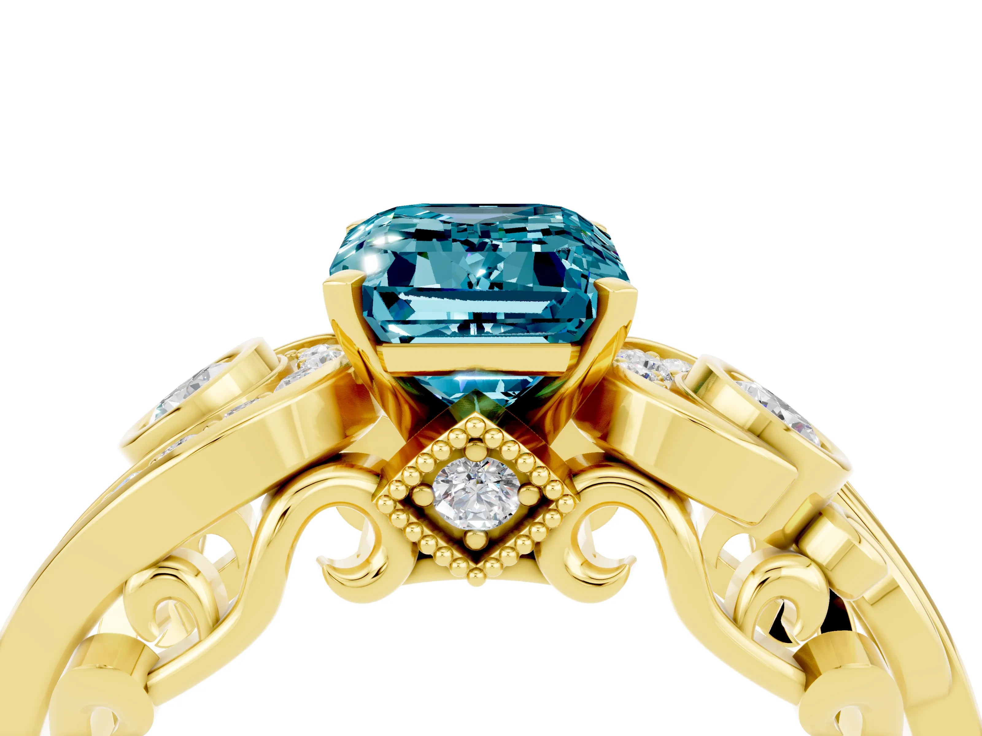 Yellow gold Emerald Cut Blue Topaz Solitaire Ring with Milgrain Pavé Band and Four-Prong Setting_28