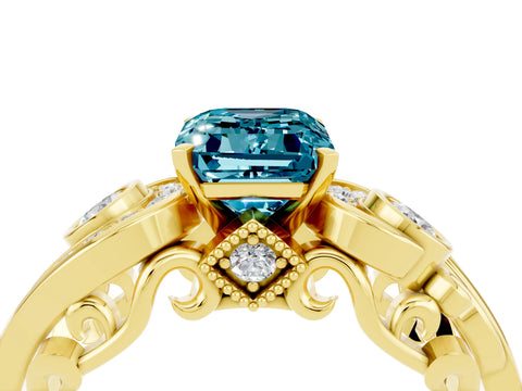 Yellow gold Emerald Cut Blue Topaz Solitaire Ring with Milgrain Pavé Band and Four-Prong Setting_28