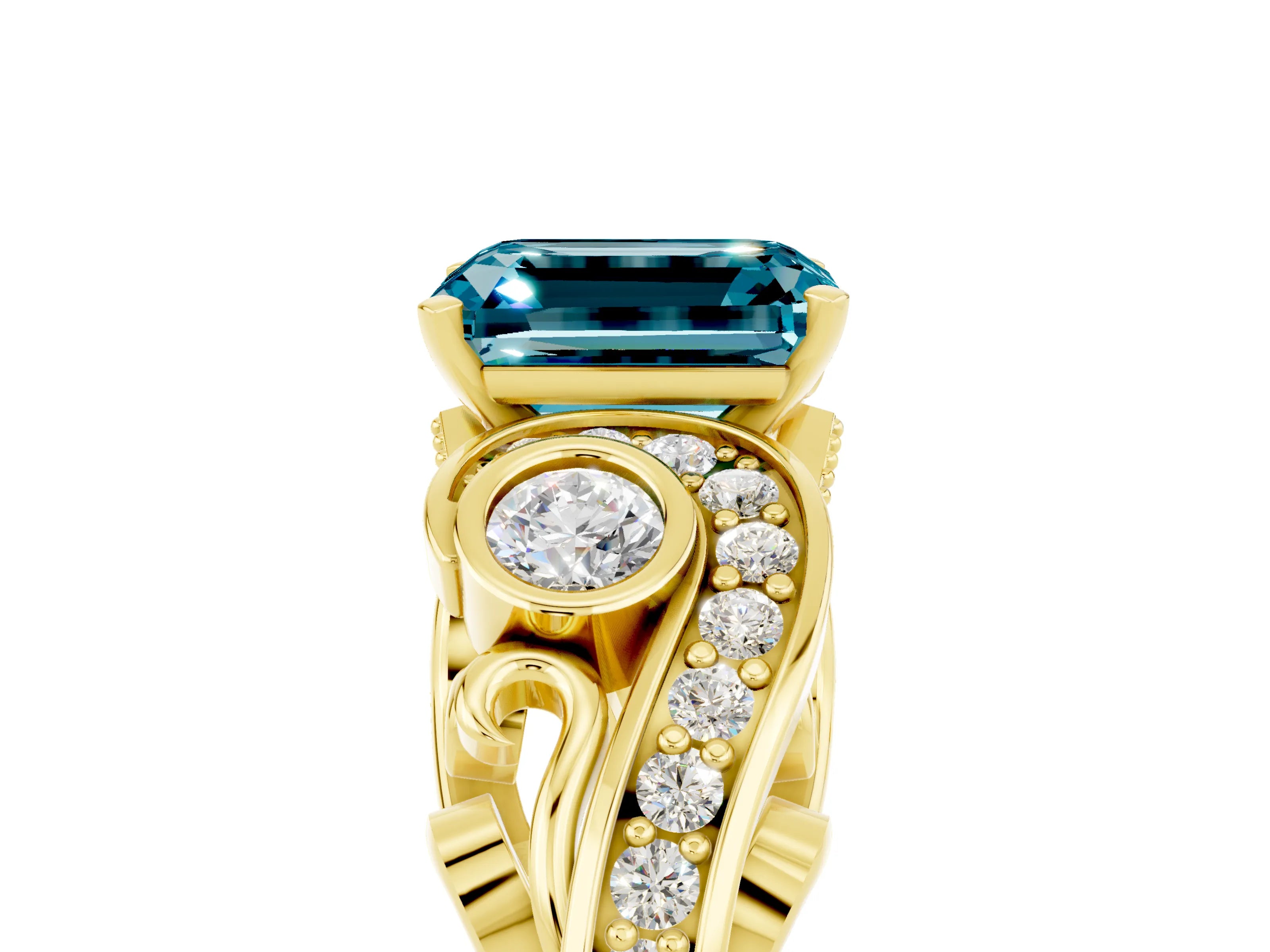 Yellow gold Emerald Cut Blue Topaz Solitaire Ring with Milgrain Pavé Band and Four-Prong Setting_29