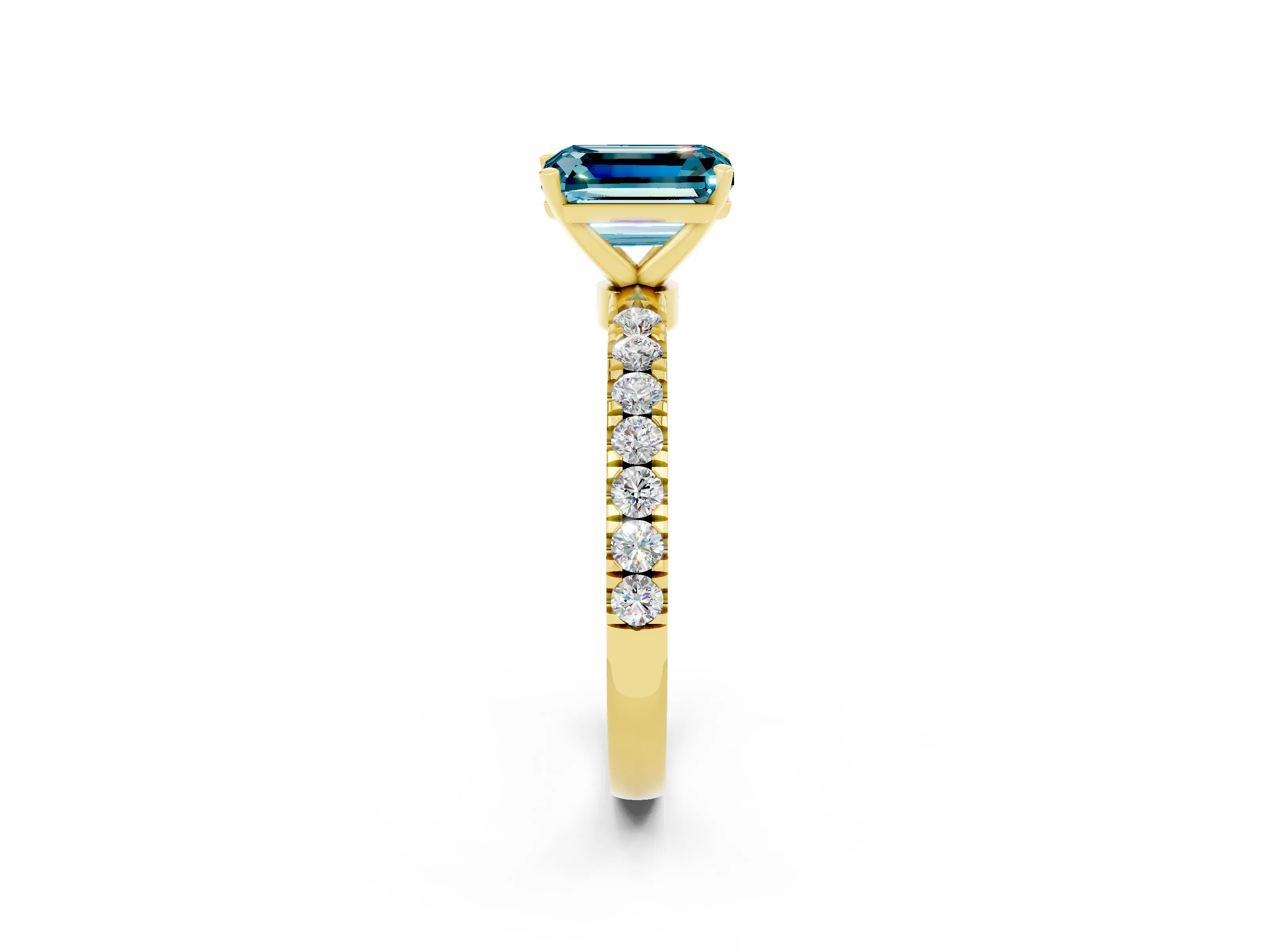 Yellow gold Emerald Cut Blue Topaz Solitaire Ring with Pavé Accents and Four-Prong Setting_2