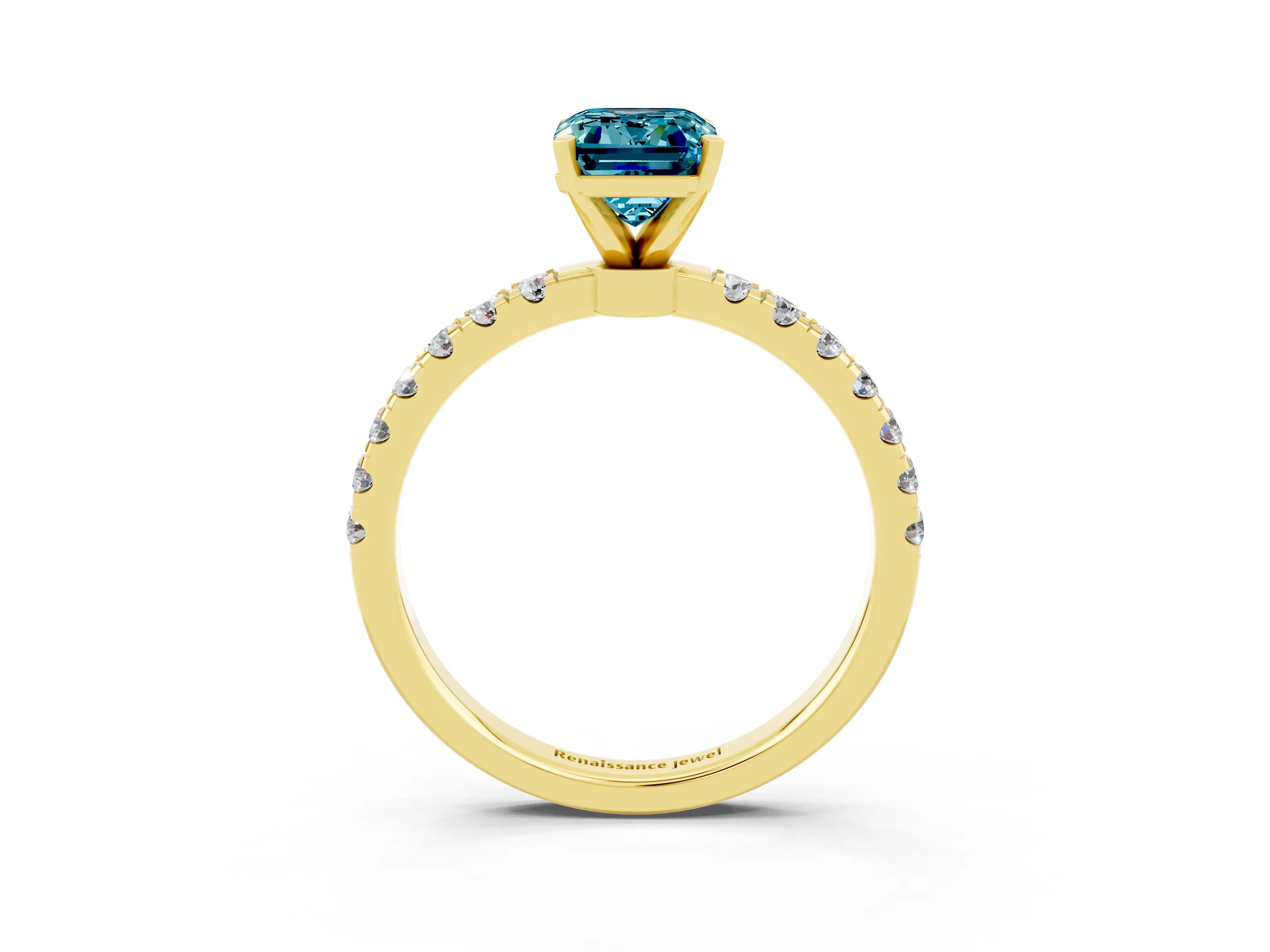 Yellow gold Emerald Cut Blue Topaz Solitaire Ring with Pavé Accents and Four-Prong Setting_3