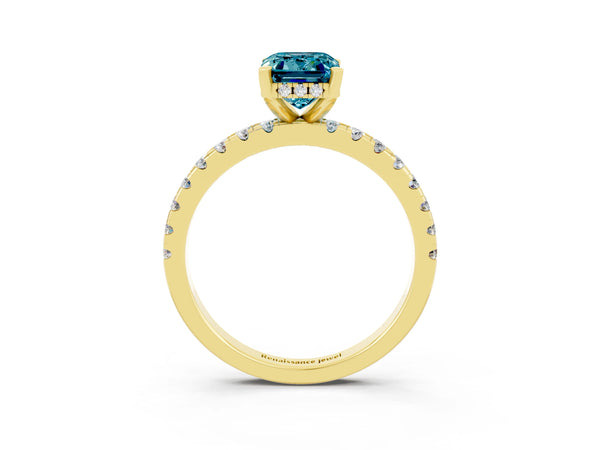Yellow gold Emerald Cut Blue Topaz Solitaire Ring with Round  Pavé Band and Four-Prong Setting