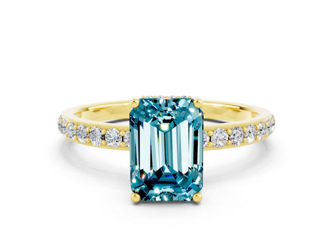 Yellow gold Emerald Cut Blue Topaz Solitaire Ring with Pavé Band and Hidden Halo_12