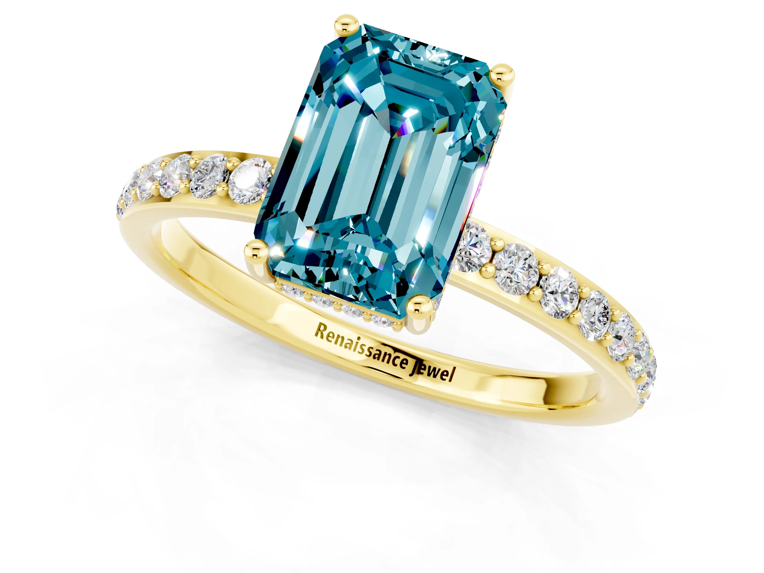 Yellow gold Emerald Cut Blue Topaz Solitaire Ring with Pavé Band and Hidden Halo_13