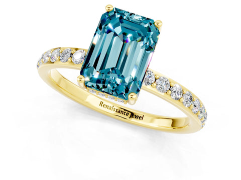 Yellow gold Emerald Cut Blue Topaz Solitaire Ring with Pavé Band and Hidden Halo_13