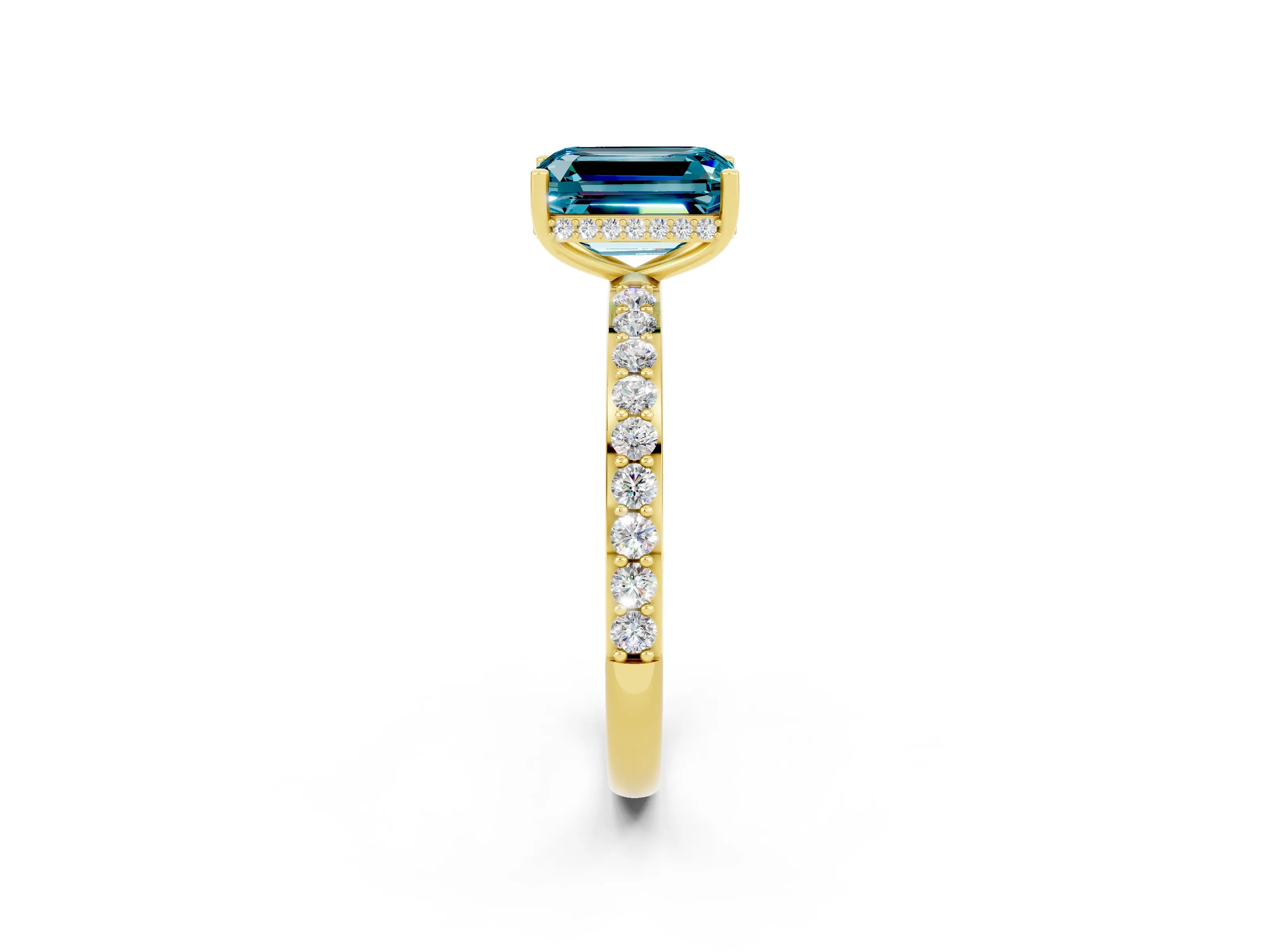 Yellow gold Emerald Cut Blue Topaz Solitaire Ring with Pavé Band and Hidden Halo_14