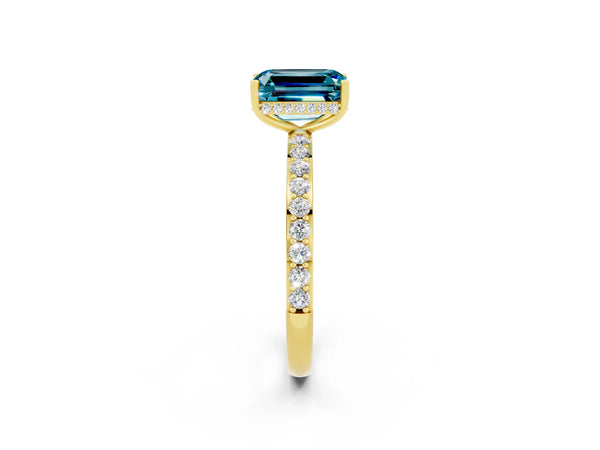 Yellow gold Emerald Cut Blue Topaz Solitaire Ring with Pavé Band and Hidden Halo